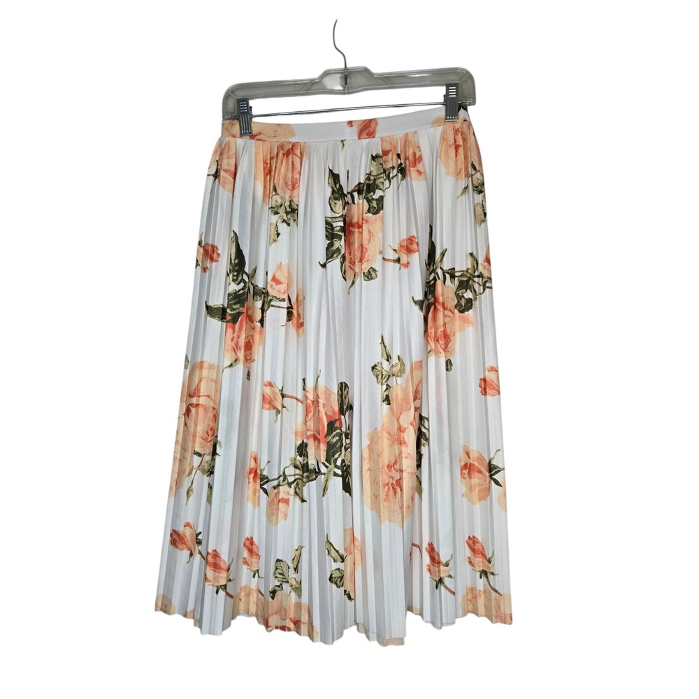 Floral Pleated Midi Skirt White Peach Rose Print Cottagecore Feminine‎ Spring M